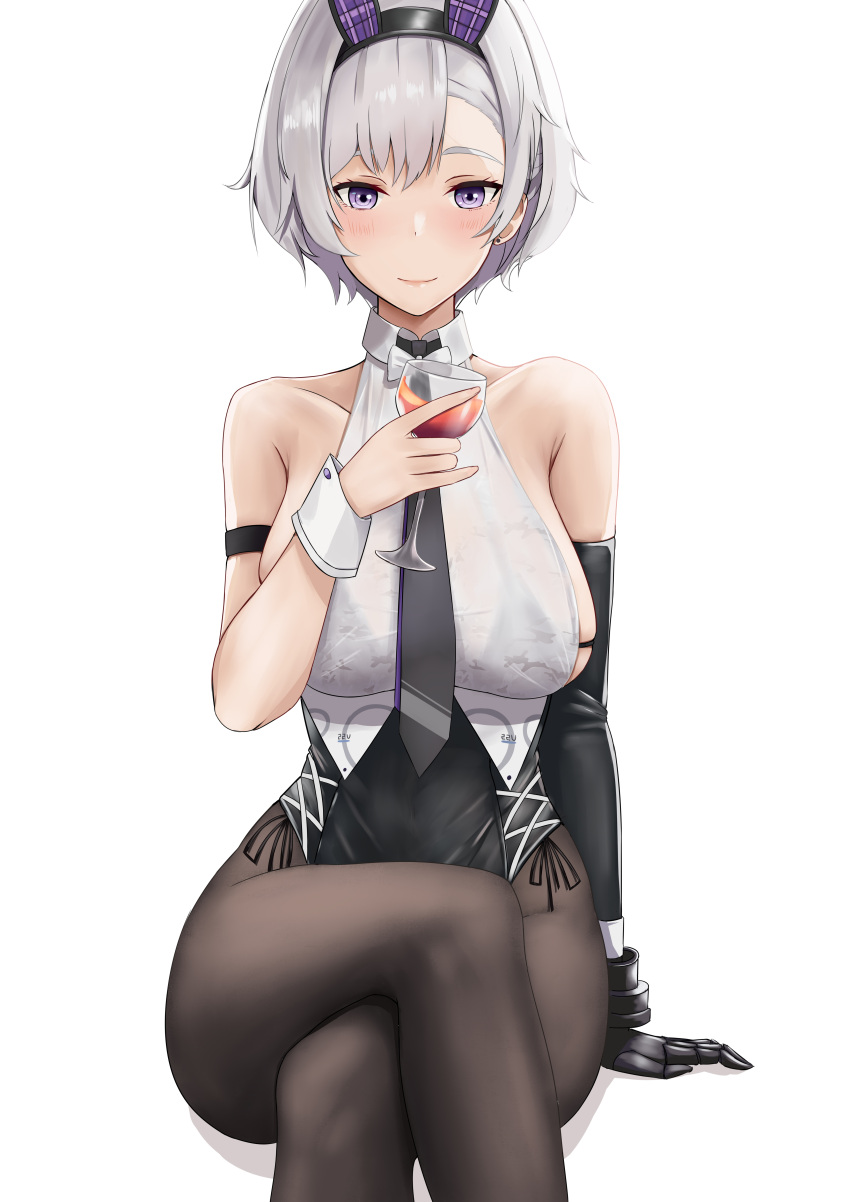 1girl absurdres alcohol animal_ears arm_strap arm_support azur_lane bangs bare_shoulders black_gloves black_hairband black_legwear black_leotard black_neckwear blush bow bowtie bra_strap breasts chinese_commentary closed_mouth collarbone collared_shirt commentary cowboy_shot crop_top crossed_legs cup drinking_glass elbow_gloves eyebrows_behind_hair fake_animal_ears gloves grey_hair hair_between_eyes hairband highres holding holding_cup large_breasts leotard leotard_under_clothes looking_at_viewer metal_gloves necktie official_alternate_costume pantyhose parted_hair playboy_bunny qing-yu rabbit_ears reno_(azur_lane) reno_(reno_bunnino)_(azur_lane) see-through see-through_shirt shadow shirt short_hair side-tie_leotard sideboob sidelocks simple_background single_elbow_glove sitting sleeveless sleeveless_shirt smile solo thigh_strap violet_eyes white_background white_neckwear white_shirt wine wine_glass wrist_cuffs