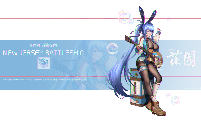 1girl absurdres animal_ears azur_lane black_legwear blue_background blue_jacket bodystocking braid breasts brown_footwear bubble candy character_name chromatic_aberration crown_braid denim denim_shorts eagle_union_(emblem) fake_animal_ears food guitar highres holding holding_instrument instrument jacket koala-mitsuri large_breasts lollipop long_hair micro_shorts multicolored multicolored_clothes multicolored_jacket new_jersey_(azur_lane) open_clothes open_jacket purple_hair rabbit_ears shorts skin_tight socks solo torn_clothes torn_shorts two-tone_jacket very_long_hair violet_eyes white_background white_jacket white_legwear