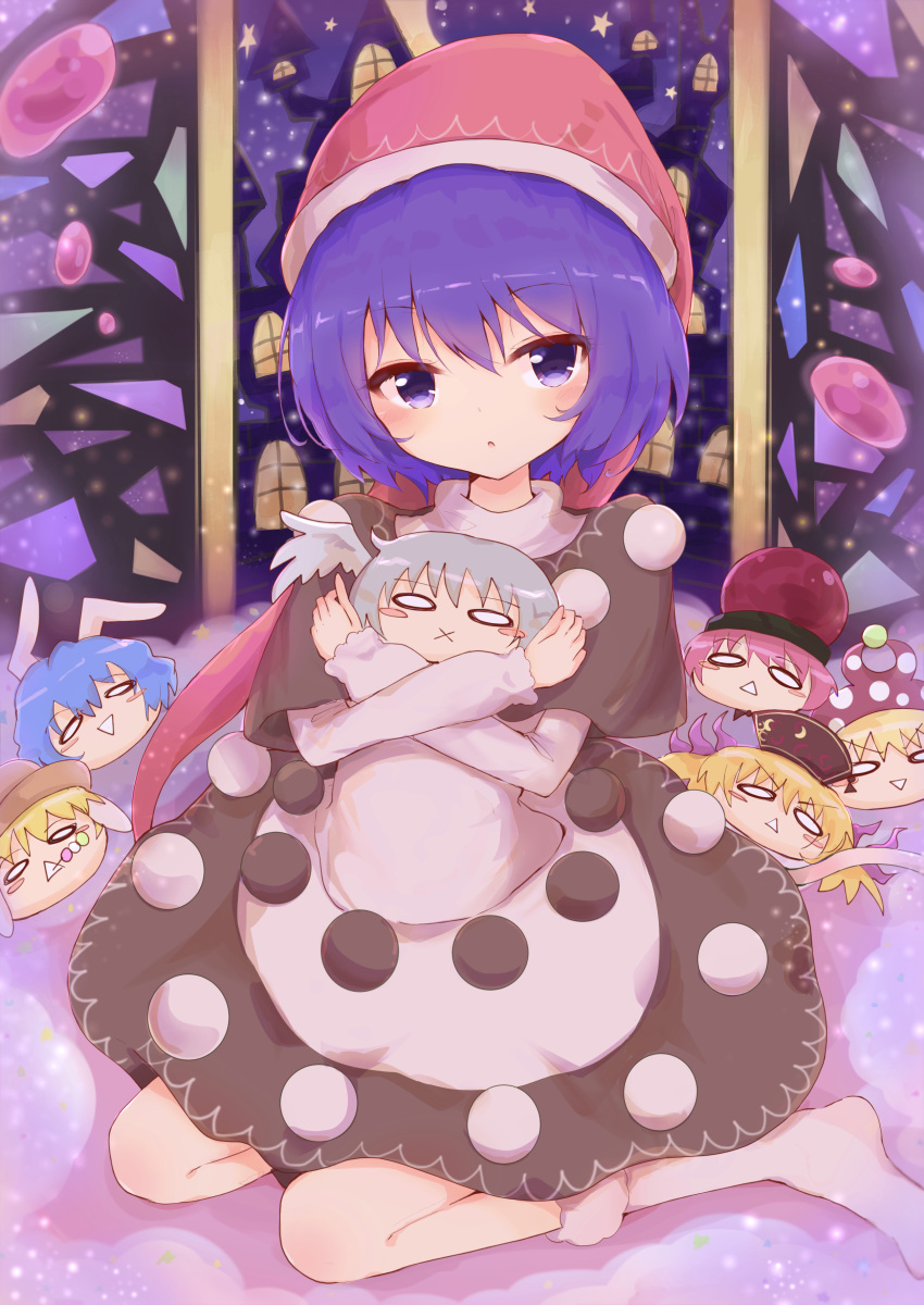 1girl absurdres animal_ears bangs bed black_dress black_headwear blonde_hair blue_hair blush brown_headwear clownpiece crescent dango doremy_sweet dress energy eyebrows_visible_through_hair food grey_hair hair_between_eyes hands_up hat hecatia_lapislazuli highres house hug jester_cap junko_(touhou) kishin_sagume legacy_of_lunatic_kingdom long_hair looking_at_another looking_to_the_side no_shoes on_bed open_mouth phoenix_crown pink_hair pink_headwear polka_dot polos_crown pom_pom_(clothes) purple_hair rabbit_ears red_headwear ringo_(touhou) seiran_(touhou) seiza short_sleeves single_wing sitting sitting_on_bed smile socks solo stuffed_toy teeth tomoe_(fdhs5855) touhou toy violet_eyes wagashi white_dress white_eyes white_legwear window wings