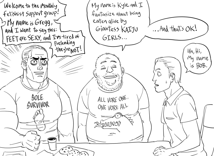 3boys bald bb_(baalbuddy) beard clothes_writing commentary cookie english_commentary english_text facial_hair fat fat_man food greyscale highres male_focus manly monochrome multiple_boys muscular muscular_male original print_shirt sanpaku shirt short_sleeves simple_background sitting white_background