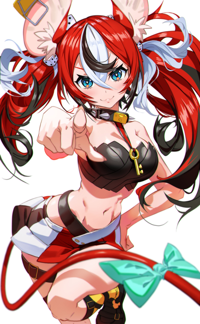 1girl :3 absurdres animal_ears athungkaew belt black_hair blue_eyes blush bow breasts cheese collar dice_hair_ornament food hair_between_eyes hair_ornament hakos_baelz hand_on_hip highres holocouncil hololive hololive_english key key_necklace large_breasts looking_at_viewer midriff mouse_ears mouse_girl mouse_tail mousetrap multicolored_hair navel no_shirt pleated_skirt pointing pointing_at_viewer rat redhead skirt smug solo spiked_collar spikes standing standing_on_one_leg tail tail_bow tail_ornament twintails virtual_youtuber white_background white_hair