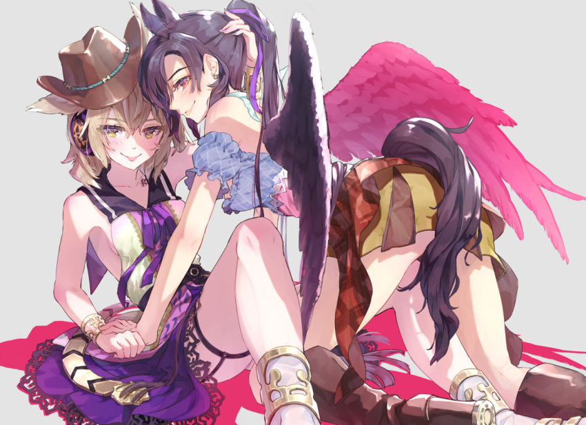 2girls all_fours animal_ears bandana black_hair blonde_hair boots bracer breasts brown_eyes collarbone commentary_request cowboy_boots cowboy_hat earmuffs earrings grey_background hat horse_ears horse_tail jewelry kurokoma_saki lips looking_at_viewer multiple_girls off-shoulder_shirt off_shoulder pointy_hair purple_skirt sailor_collar shirt sideboob sitting skirt sleeveless sleeveless_shirt socks syuri22 tail touhou toyosatomimi_no_miko wings yellow_eyes