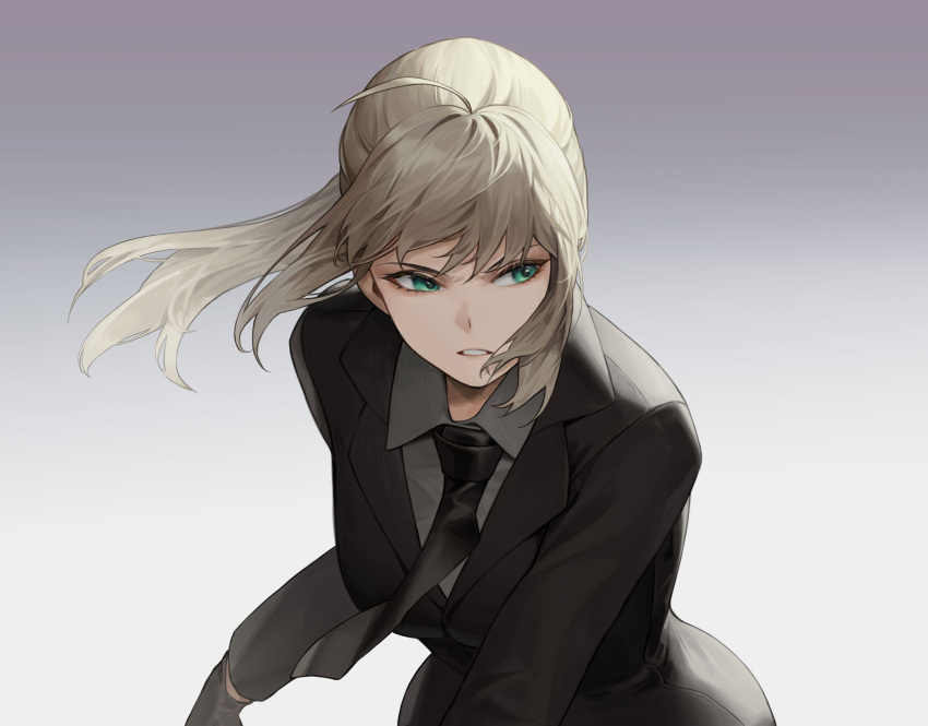1girl absurdres ahoge artoria_pendragon_(fate) black_gloves black_jacket black_neckwear blonde_hair clenched_teeth collared_shirt cotta_(heleif) fate/zero fate_(series) formal gloves green_eyes grey_shirt highres jacket leaning_forward looking_to_the_side necktie ponytail saber shirt short_hair solo suit teeth upper_body