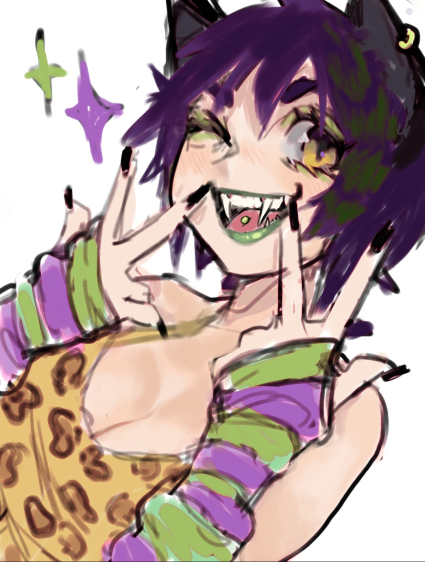 :d animal_ears animal_print black_nails breasts cenketsu commission commissioner_upload fangs fingerless_gloves gloves green_lips highres large_breasts one_eye_closed open_mouth original piercing purple_hair raver short_hair smile tank_top tongue_piercing white_background