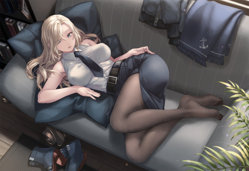 1girl belt belt_buckle black_belt black_jacket black_legwear black_neckwear blonde_hair blue_eyes bomber_jacket book bookshelf boots boots_removed breasts buckle collared_shirt couch covered_nipples highres hornet_(kancolle) jacket jacket_removed kantai_collection large_breasts long_hair necktie open_mouth pantyhose rokuwata_tomoe rudder_footwear shirt sleeveless sleeveless_shirt solo white_shirt