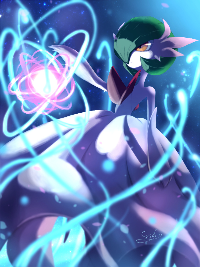 absurdres blurry closed_mouth colored_skin commentary_request energy energy_ball gardevoir gen_3_pokemon green_hair highres mega_gardevoir mega_pokemon moonblast_(pokemon) orange_eyes pokemon pokemon_(creature) short_hair signature sissel0104 solo white_skin