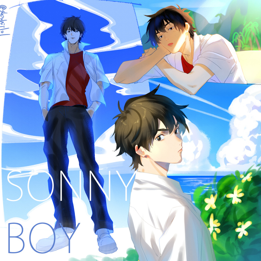 1boy :o asakaze_(sonny_boy) black_hair black_pants clouds copyright_name day hands_in_pockets highres hikarusorano looking_at_viewer multiple_views outdoors pants red_shirt shirt short_hair sonny_boy standing twitter_username white_footwear white_shirt