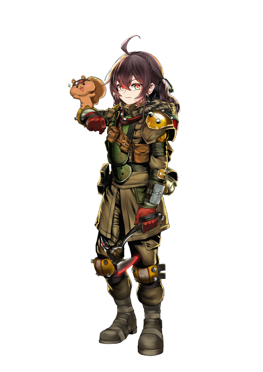 1girl absurdres animal_on_arm apex_legends artpatient axe black_footwear bloodhound_(apex_legends) bloodhound_(apex_legends)_(cosplay) boots brown_jacket cosplay cowlick fur_trim glowing glowing_eyes green_eyes hair_behind_ear highres holding holding_axe hololive jacket knee_pads long_hair looking_at_viewer matsurisu natsuiro_matsuri solo standing virtual_youtuber white_background