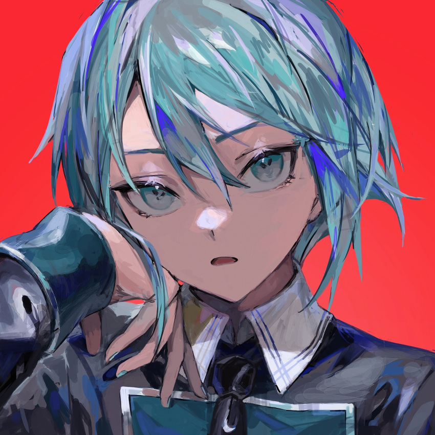 1girl aqua_eyes aqua_hair aqua_nails bangs black_clothes character_request copyright_request hand_on_own_cheek hand_on_own_face highres looking_at_viewer nail_polish necktie open_mouth red_background short_hair simple_background skyn_blue solo standing upper_body