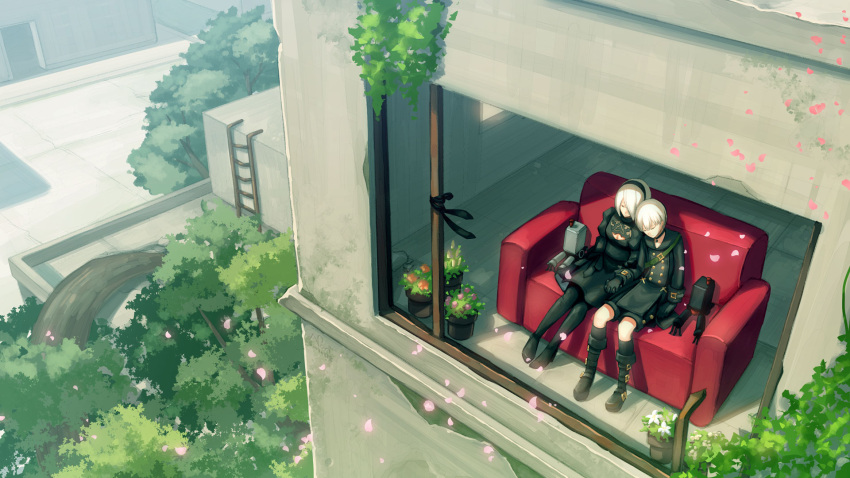 1boy 1girl bangs black_dress black_gloves black_hairband black_legwear boots branch choker closed_eyes clothing_cutout commentary_request couch dress flower full_body gloves hairband head_on_another's_shoulder hetero highres holding_hands indoors ladder long_sleeves nier_(series) nier_automata nori_(infinite_r-evolution) outdoors petals pod_(nier_automata) short_hair shorts sitting sleeping white_hair yorha_no._2_type_b yorha_no._9_type_s