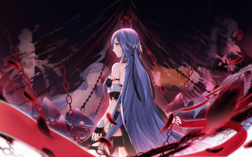1girl 7t absurdres asymmetrical_gloves back bangs bare_shoulders black_gloves braid chain chinese_clothes feathers fingerless_gloves fu_hua fu_hua_(herrscher_of_sentience) gloves grey_hair grin hair_between_eyes hair_ornament highres honkai_(series) honkai_impact_3rd long_hair looking_at_viewer looking_back mismatched_gloves open_mouth red_eyes smile solo teeth white_gloves