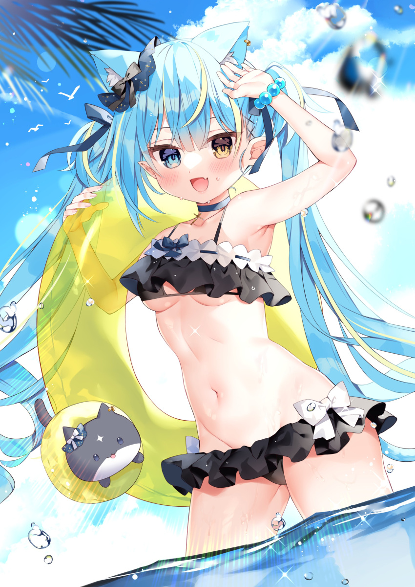 1girl :d absurdres animal_ear_fluff animal_ears aosuzu_luna arm_up bangs bare_arms bead_bracelet beads bikini black_bikini black_bow blue_choker blue_eyes blue_hair blue_ribbon blush bow bracelet breasts cat cat_ears cat_girl cat_tail chihiro_(khorosho) choker clouds commentary_request cowboy_shot day drill_hair ear_bow fang frilled_bikini frills hair_between_eyes hair_ribbon hand_up heterochromia highres holding holding_innertube indie_virtual_youtuber innertube jewelry long_hair looking_at_viewer medium_breasts navel open_mouth outdoors palm_leaf ribbon second-party_source skin_fang sky smile solo standing stomach swimsuit tail twintails under_boob very_long_hair virtual_youtuber wading water white_bow yellow_eyes