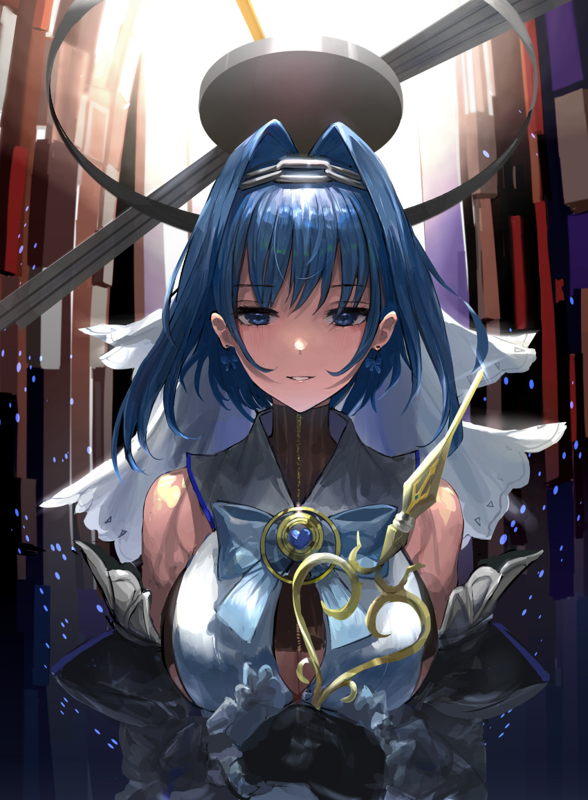 1girl absurdres bangs bare_shoulders black_gloves blue_eyes blue_hair bodysuit bow bowtie breasts chain chan1moon cleavage_cutout clothing_cutout detached_collar detached_sleeves eyebrows_visible_through_hair gloves hair_intakes hairband halo hands_together highres hololive hololive_english large_breasts looking_at_viewer neck_ribbon ouro_kronii parted_lips ribbon short_hair smile solo upper_body veil virtual_youtuber