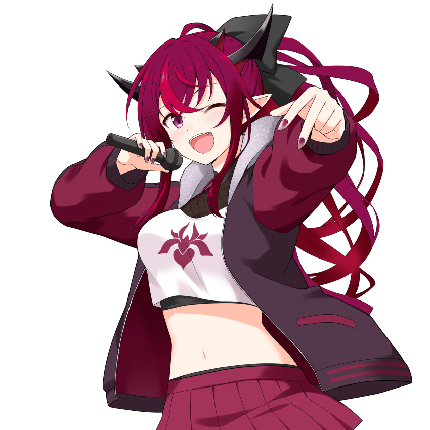 1girl ;d absurdres black_horns black_jacket breasts cosplay cowboy_shot crop_top fang felutiahime fingernails highres holding holding_microphone hololive hololive_english horns irys_(hololive) jacket large_breasts letterman_jacket long_hair looking_at_viewer microphone midriff miniskirt mori_calliope mori_calliope_(cosplay) multiple_horns nail_polish navel one_eye_closed open_clothes open_jacket open_mouth pleated_skirt pointy_ears popped_collar purple_nails raglan_sleeves red_skirt red_sleeves simple_background skirt smile solo violet_eyes virtual_youtuber white_background