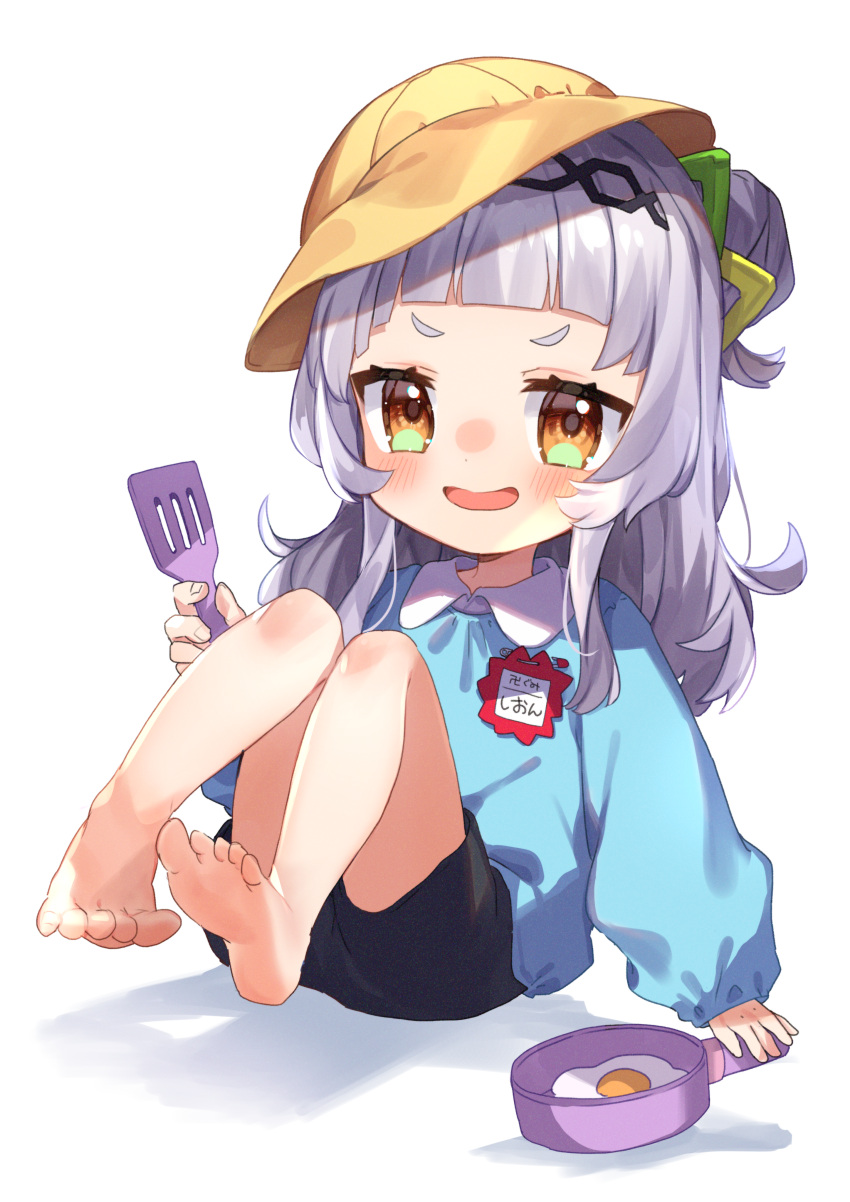 1girl :d absurdres bangs bare_legs barefoot black_shorts blunt_bangs commentary_request eyebrows_visible_through_hair frying_pan hair_ornament hairband hat highres holding holding_frying_pan holding_spatula hololive kindergarten_uniform long_hair long_sleeves looking_at_viewer murasaki_shion name_tag noi_mine one_side_up open_mouth school_hat shorts sidelocks silver_hair simple_background smile soles solo spatula sunny_side_up_egg toes translation_request virtual_youtuber white_background yellow_eyes