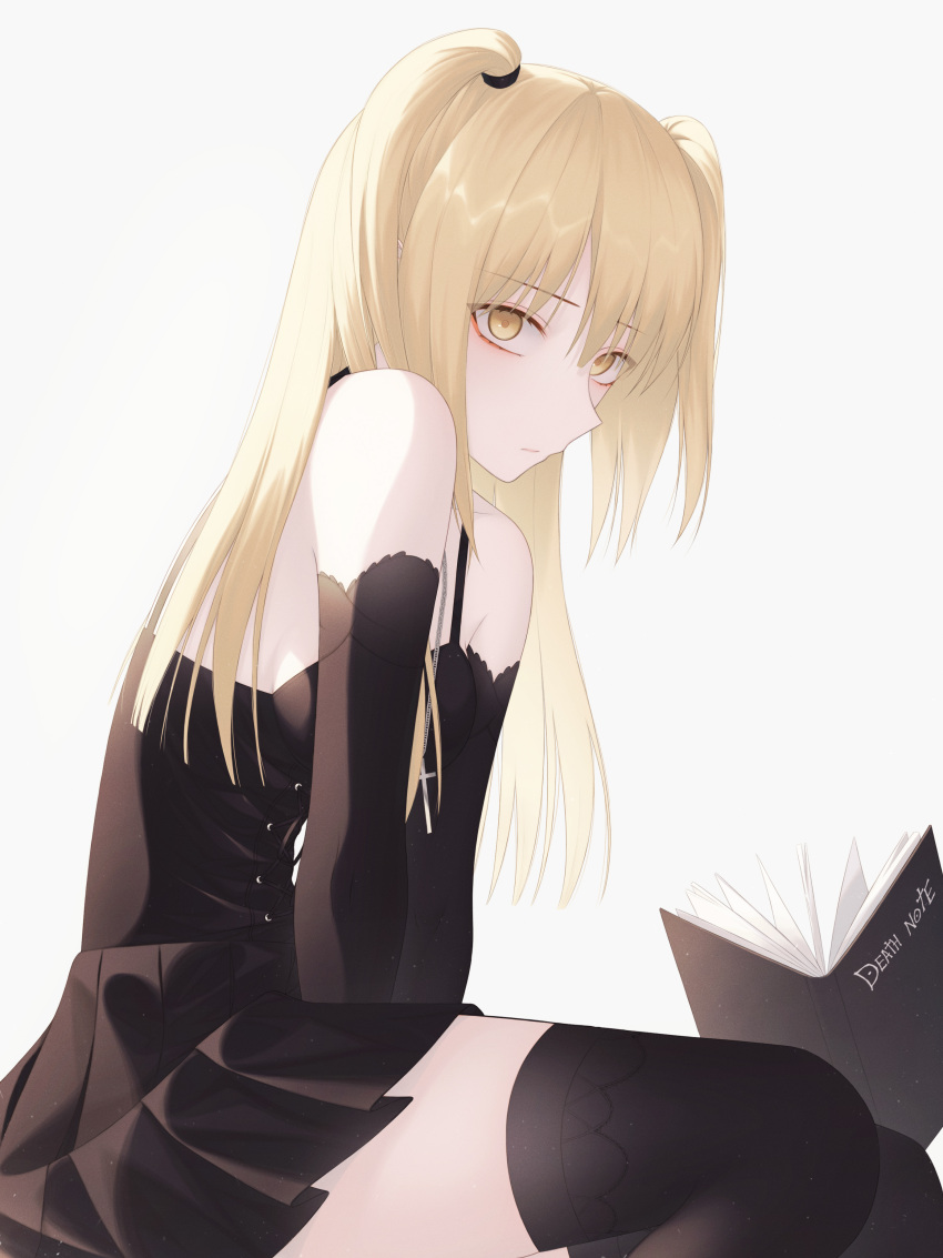 1girl absurdres amane_misa black_gloves black_legwear black_shirt black_skirt blonde_hair breasts closed_mouth copyright_name death_note elbow_gloves from_side geagmin915 gloves highres long_hair looking_at_viewer miniskirt pleated_skirt shiny shiny_hair shirt simple_background single_thighhigh skirt sleeveless sleeveless_shirt small_breasts solo spaghetti_strap thigh-highs twintails white_background yellow_eyes zettai_ryouiki