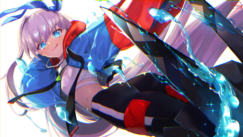 1girl bangs black_pants blue_eyes blue_jacket blue_ribbon blush breasts cropped_jacket fate/extra fate/extra_ccc fate/grand_order fate_(series) hair_ribbon heroic_spirit_tour_outfit high-waist_pants highres jacket jewelry licking_lips long_hair long_sleeves looking_at_viewer meltryllis_(fate) necklace pants prosthesis prosthetic_leg purple_hair ribbon shimotsuki_shio sleeves_past_fingers sleeves_past_wrists small_breasts smile solo tongue tongue_out very_long_hair water