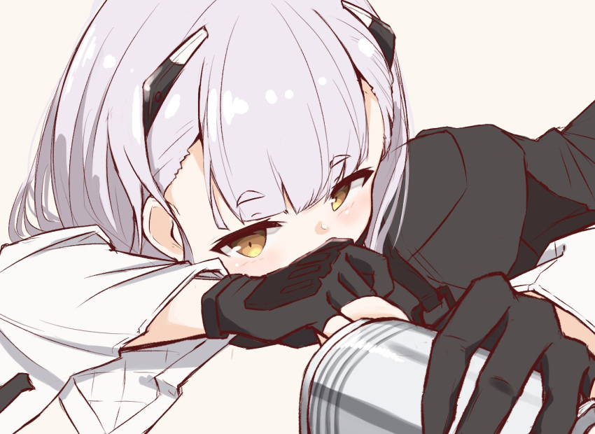 1girl ak-alfa_(girls_frontline) bangs black_gloves black_jacket blush brown_background brown_eyes can covered_mouth eyebrows_visible_through_hair girls_frontline gloves grey_hair headgear holding holding_can jacket looking_at_viewer matsuo_(matuonoie) partially_fingerless_gloves simple_background solo thick_eyebrows