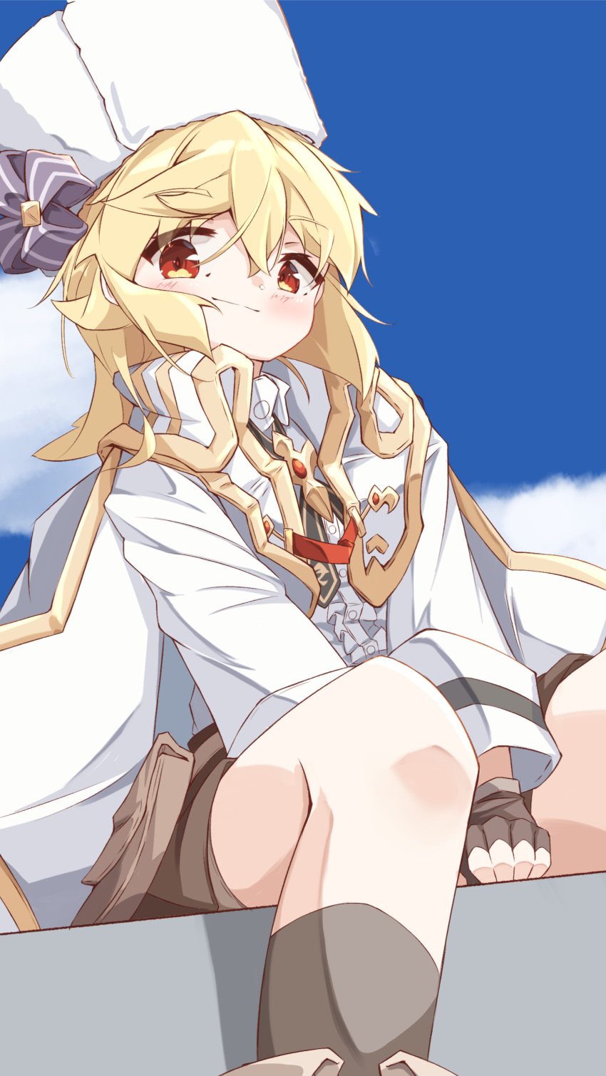 1girl absurdres bangs between_legs black_gloves blonde_hair blue_sky blush brown_shorts cape center_frills closed_mouth clouds collared_shirt day eyebrows_visible_through_hair feet_out_of_frame fingerless_gloves frills fur_hat girls_frontline gloves grey_legwear hair_between_eyes hand_between_legs hat highres matsuo_(matuonoie) nagant_revolver_(girls_frontline) outdoors red_eyes shirt short_shorts shorts sitting sky smile socks solo white_cape white_headwear white_shirt