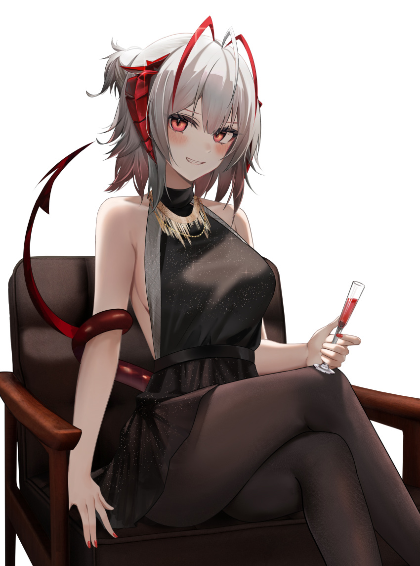1girl absurdres antenna_hair arknights bangs bare_arms bare_shoulders black_dress black_legwear blush breasts chair crossed_legs cup dress eyebrows_visible_through_hair feet_out_of_frame highres horns jewelry large_breasts looking_at_viewer medium_hair nail_polish necklace pantyhose parted_lips red_eyes red_nails ru_zhai sideboob simple_background sitting sleeveless smile solo tail w_(arknights) white_background