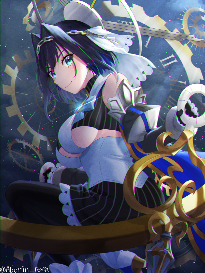 1girl aboreen absurdres blue_eyes blue_hair bow bow_earrings clothing_cutout earrings gears head_chain highres holocouncil hololive hololive_english huge_filesize jewelry ouro_kronii solo underboob_cutout virtual_youtuber