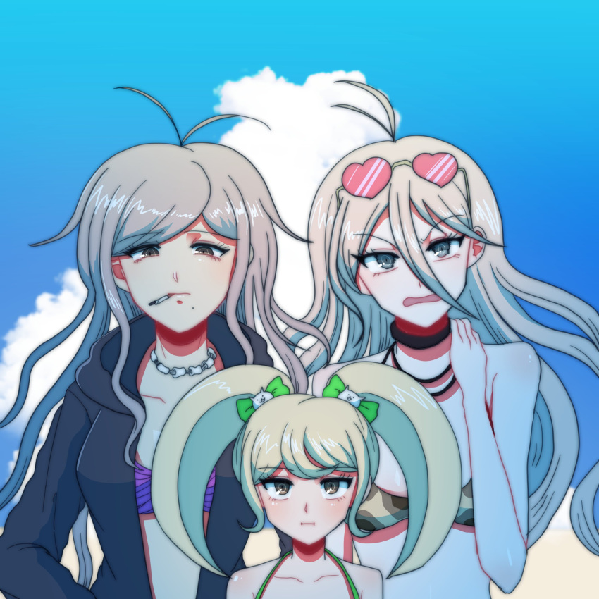 3girls :i absurdres alternate_costume antenna_hair bangs bare_arms bare_shoulders bikini black_jacket blonde_hair blue_sky cat_hair_ornament choker cigarette clouds collarbone commentary_request dangan_ronpa_(series) dangan_ronpa_2:_goodbye_despair dangan_ronpa_another_episode:_ultra_despair_girls dangan_ronpa_v3:_killing_harmony day eyewear_on_head goggles goggles_on_head grey_hair hagakure_hiroko hair_between_eyes hair_ornament heart heart-shaped_eyewear height_difference highres jacket jewelry long_hair looking_at_viewer multiple_girls necklace open_clothes open_jacket open_mouth outdoors shiny shiny_hair sky sunglasses swimsuit tansug_(tansuk88) twintails