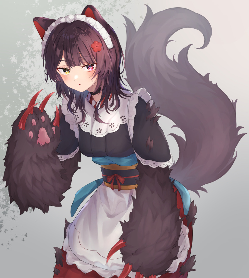 1girl absurdres animal_ears animal_hands apron bangs black_choker black_kimono blush breasts brown_hair choker claws commentary_request cowboy_shot dog_ears dog_girl dog_tail eyebrows_visible_through_hair flower fur hair_flower hair_ornament heterochromia highres inui_toko japanese_clothes kimono long_hair looking_at_viewer maid_headdress medium_breasts nenehotoso nijisanji obi parted_lips red_eyes red_flower red_skirt sash short_sleeves skirt solo standing tail tail_raised virtual_youtuber white_apron yellow_eyes
