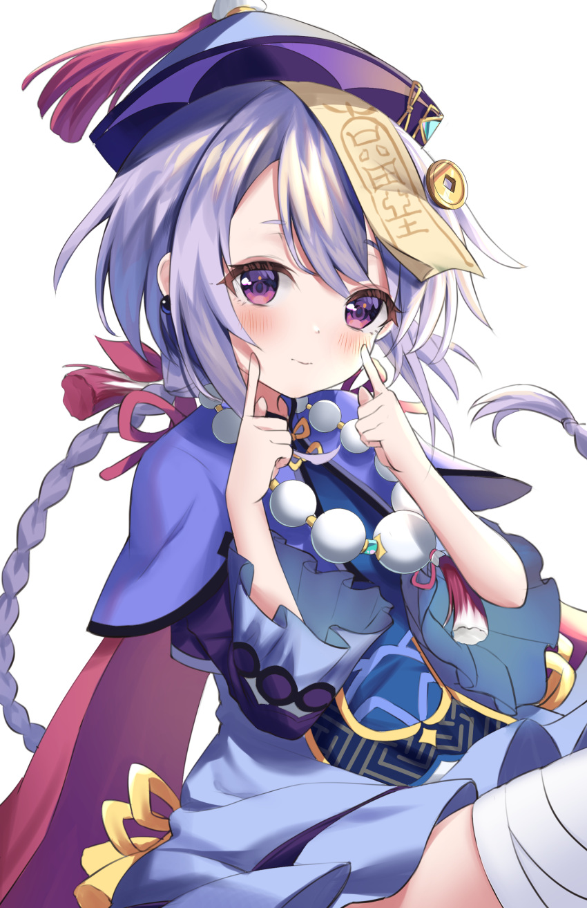 1girl absurdres azusa_(980650076) bandaged_leg bandages bangs bead_necklace beads cape chinese_clothes commentary earrings eyebrows_visible_through_hair fingers_to_cheeks genshin_impact hair_between_eyes hat highres jewelry jiangshi long_hair long_sleeves looking_at_viewer necklace ofuda qing_guanmao qiqi_(genshin_impact) shorts sidelocks simple_background sitting smile solo thigh-highs white_background white_legwear zettai_ryouiki