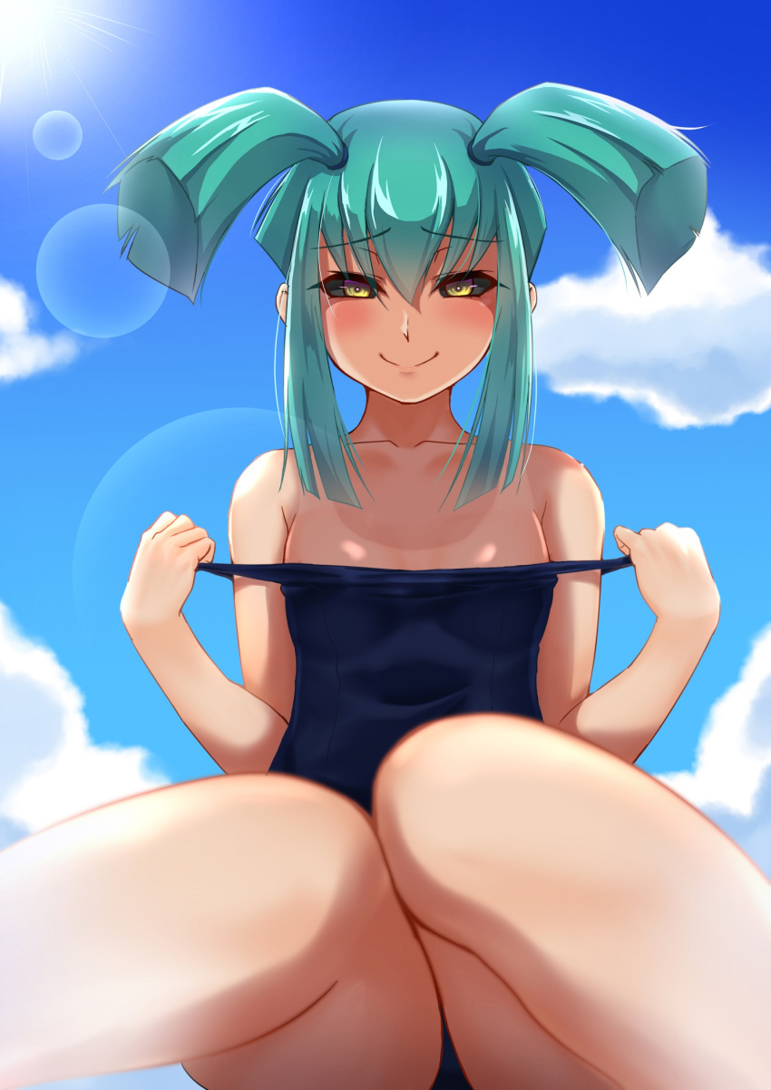 1girl aqua_hair black_sclera blue_sky blue_swimsuit closed_mouth clothes_pull clouds collarbone colored_sclera day highres lens_flare long_hair looking_at_viewer lua muto_dt outdoors school_swimsuit shiny shiny_hair sidelocks sky smile solo swimsuit swimsuit_pull tan tanlines twintails yellow_eyes yu-gi-oh! yu-gi-oh!_5d's