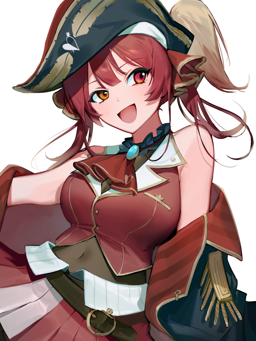 1girl :d ascot bangs bare_shoulders belt bicorne black_headwear brown_belt brown_leotard coat epaulettes hair_ribbon hat heterochromia highres hololive houshou_marine leotard leotard_under_clothes long_hair miniskirt nannaspad off_shoulder open_clothes open_coat open_mouth pirate_hat pleated_skirt red_eyes red_neckwear red_ribbon red_skirt red_vest redhead ribbon sheer_leotard simple_background skirt smile solo twintails vest virtual_youtuber white_background yellow_eyes