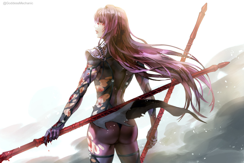 1girl ass blood fate/grand_order fate_(series) gae_bolg_(fate) highres injury kim_yura_(goddess_mechanic) long_hair red_eyes scathach_(fate) scathach_(fate)_(all) simple_background torn_clothes very_long_hair violet_eyes