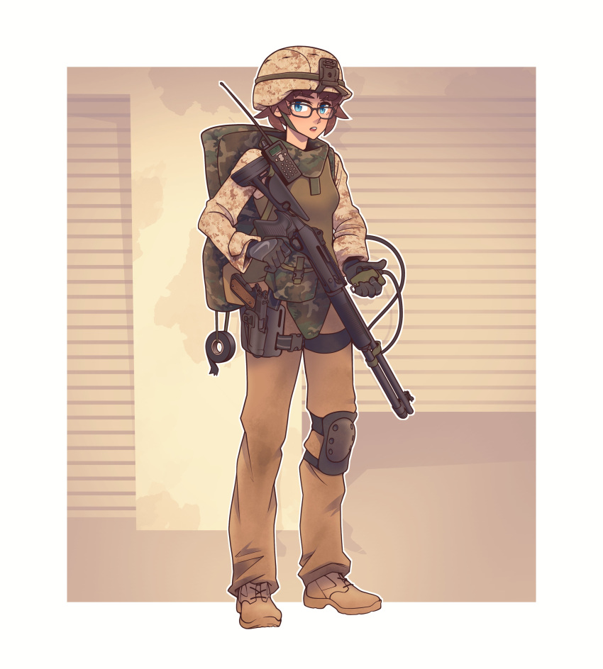 1girl :o absurdres bag black_gloves blue_eyes boots border brown_footwear brown_hair brown_pants camouflage camouflage_bag camouflage_jacket desert_camouflage full_body glasses gloves gun handgun hat helmet highres holding holding_gun holding_weapon holster holstered_weapon jacket knee_pads long_sleeves looking_at_viewer m1014 m1911 military military_hat military_uniform open_mouth original pants short_hair single_knee_pad solo standing tape teeth uniform vest weapon willy_pete