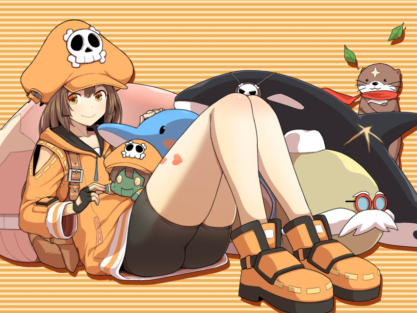 1girl absurdres anchor ass bike_shorts dolphin guilty_gear guilty_gear_strive hat highres hood hoodie may_(guilty_gear) orange_background orange_footwear orange_headwear orange_hoodie orange_shirt otter pirate_hat ponkotsu robot shirt sitting skull_and_crossbones solo striped striped_background thighs