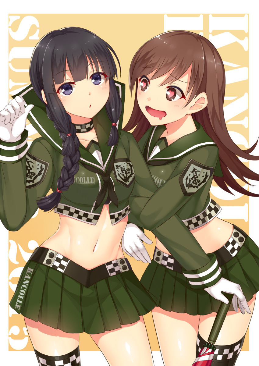 2girls absurdres adapted_costume arm_hug bangs black_hair blue_eyes blush braid breasts brown_eyes brown_hair checkered collarbone cowboy_shot crop_top drooling eyebrows_visible_through_hair gloves green_skirt hand_up heart heart-shaped_pupils highres holding horosuke kantai_collection kitakami_(kancolle) long_hair long_sleeves looking_at_viewer medium_breasts midriff miniskirt multiple_girls navel ooi_(kancolle) parted_lips pleated_skirt racequeen shiny shiny_hair shiny_skin simple_background single_thighhigh skirt smile stomach symbol-shaped_pupils thigh-highs tied_hair umbrella white_gloves yellow_background yuri