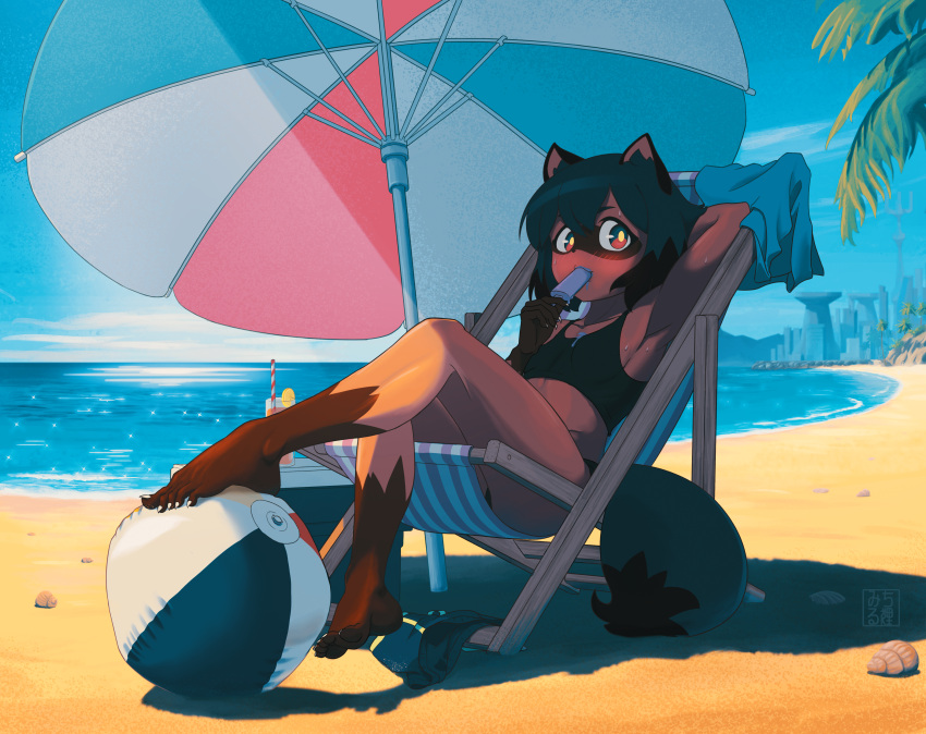 1girl absurdres animal_ears animal_nose arm_behind_head armpits artist_name ball beach beach_chair beach_umbrella beachball bikini black_bikini black_hair blue_eyes blue_hair blue_sky blush body_fur brand_new_animal breasts clouds commentary cup day drinking_straw feet food food_in_mouth full_body furry furry_female highres holding huge_filesize kagemori_michiru looking_at_viewer melting michirutnk multicolored multicolored_eyes multicolored_hair ocean outdoors palm_tree pink_eyes popsicle raccoon_ears raccoon_girl raccoon_tail sand shell sitting sky small_breasts solo sweat sweatdrop swimsuit tail tanuki towel tree two-tone_hair umbrella water