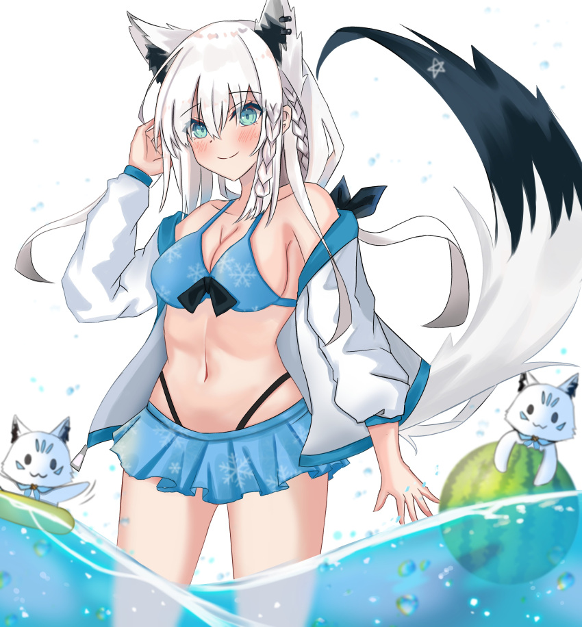 1girl absurdres animal_ears bangs bikini bikini_skirt blue_bikini blush braid commentary_request earrings eyebrows_visible_through_hair food fox_ears fox_girl fox_tail frilled_bikini frills fruit green_eyes hair_between_eyes hand_in_hair highres hololive hood hoodie innertube jewelry long_hair looking_at_viewer navel open_clothes open_hoodie pentagram shirakami_fubuki sidelocks single_braid smile snowflake_print sukonbu_(shirakami_fubuki) swimsuit tail virtual_youtuber wading watermelon white_hair white_hoodie zkzk