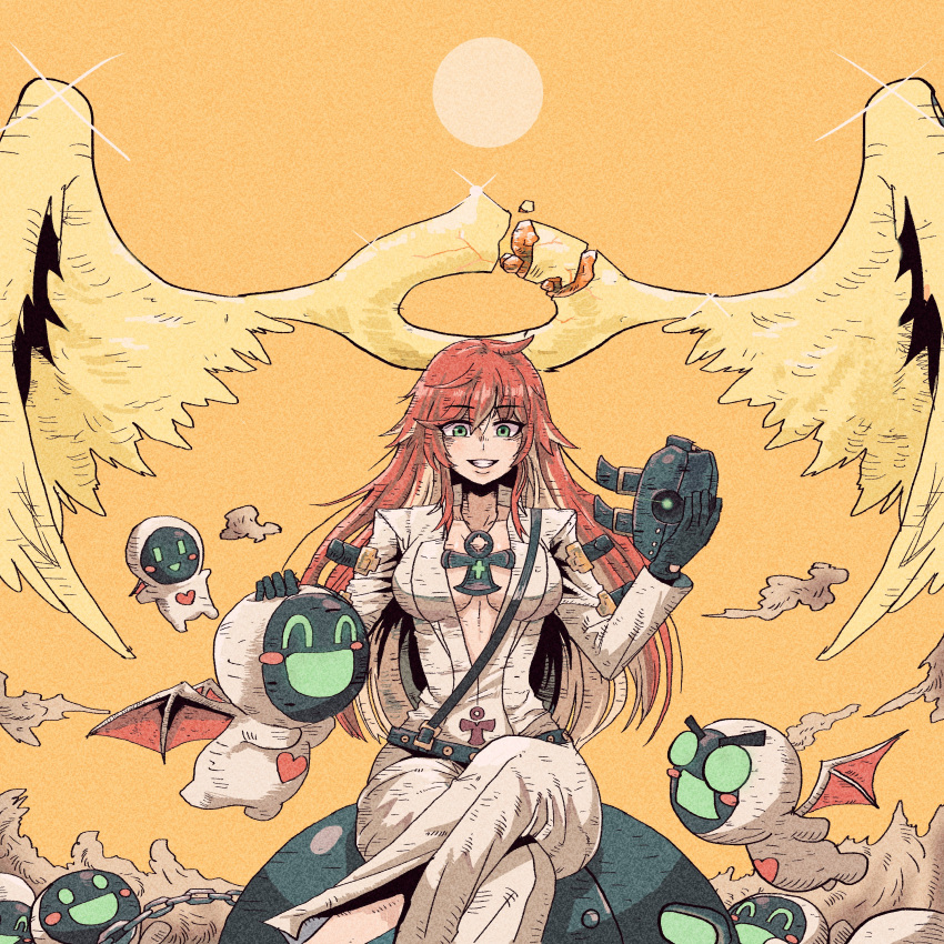 1girl absurdres ankh ankh_necklace aria_(guilty_gear) belt bodysuit broken_halo cross guilty_gear guilty_gear_strive halo han_gong highres jack-o'_valentine jewelry long_hair mask mask_removed necklace nihonga redhead sky ukiyo-e white_bodysuit wings