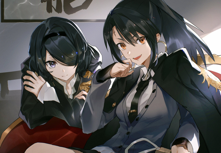 2girls absurdres alchemy_stars bangs black_hair black_jacket black_neckwear blue_eyes breasts closed_mouth collared_shirt commentary_request couch dayna_(alchemy_stars) earrings eyebrows_visible_through_hair hair_over_one_eye hairband highres hoop_earrings hoshi_rasuku jacket jacket_on_shoulders jewelry long_sleeves looking_at_viewer medium_hair multiple_girls necktie open_mouth orange_eyes parted_bangs partially_unbuttoned ponytail robyn_(alchemy_stars) scar scar_on_face shirt short_hair sidelighting sidelocks small_breasts smile upper_body upper_teeth white_shirt