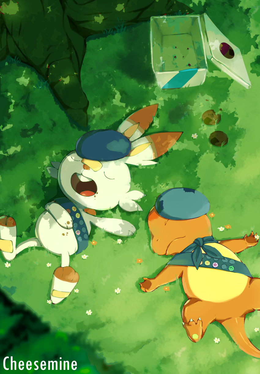 absurdres artist_name box charmander cheesemine closed_eyes commentary cookie day food food_on_face from_above gen_1_pokemon gen_8_pokemon grass hatted_pokemon highres lying no_humans on_back open_mouth outdoors pokemon pokemon_(creature) scorbunny shade sleeping toes tongue tree