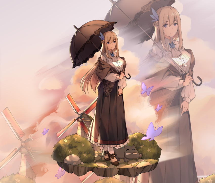 1girl absurdres black_skirt blue_eyes braid breasts brown_shawl feather_hair_ornament feathers french_braid frilled_skirt frills hair_ornament highres large_breasts lexington_(warship_girls_r) long_hair long_skirt long_sleeves platinum_blonde_hair pleated_skirt shirt skirt very_long_hair warship_girls_r white_shirt windmill xiao_qi zoom_layer