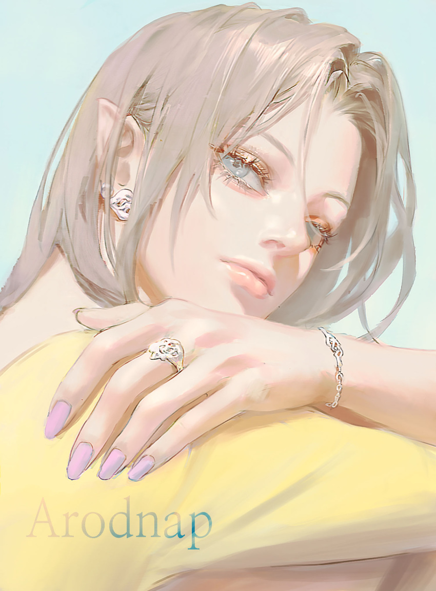 1girl aqua_background blonde_hair blue_eyes bracelet closed_mouth earrings eyelashes fingernails hand_on_own_shoulder highres jewelry jidaart lips long_hair looking_at_viewer nail_polish original pointy_ears purple_nails ring shirt solo upper_body yellow_shirt