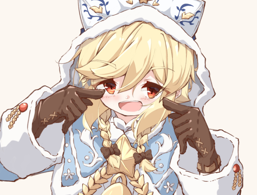 1girl :d bangs blonde_hair blue_capelet blush bow braid brown_background brown_bow brown_gloves capelet eyebrows_visible_through_hair girls_frontline gloves hair_between_eyes hair_bow hands_up hood hood_up hooded_capelet long_hair long_sleeves looking_at_viewer matsuo_(matuonoie) nagant_revolver_(girls_frontline) open_mouth red_eyes simple_background smile solo star_(symbol) twin_braids upper_body upper_teeth