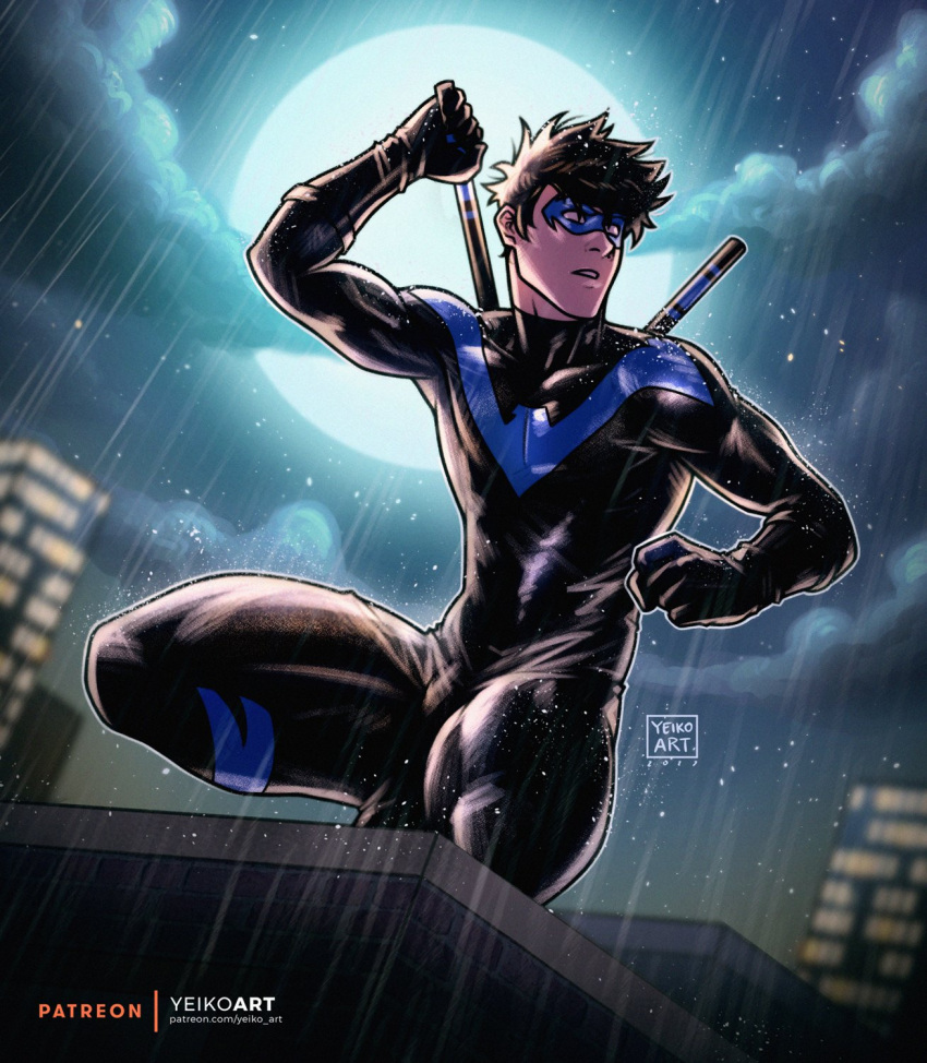 1boy black_bodysuit black_gloves black_hair bodysuit clouds dc_comics domino_mask full_moon gloves highres holding holding_weapon male_focus mask moon moonlight muscular muscular_male night night_sky nightwing outdoors rain short_hair skin_tight sky solo spiky_hair squatting thick_thighs thighs water_drop watermark weapon yeiko_art