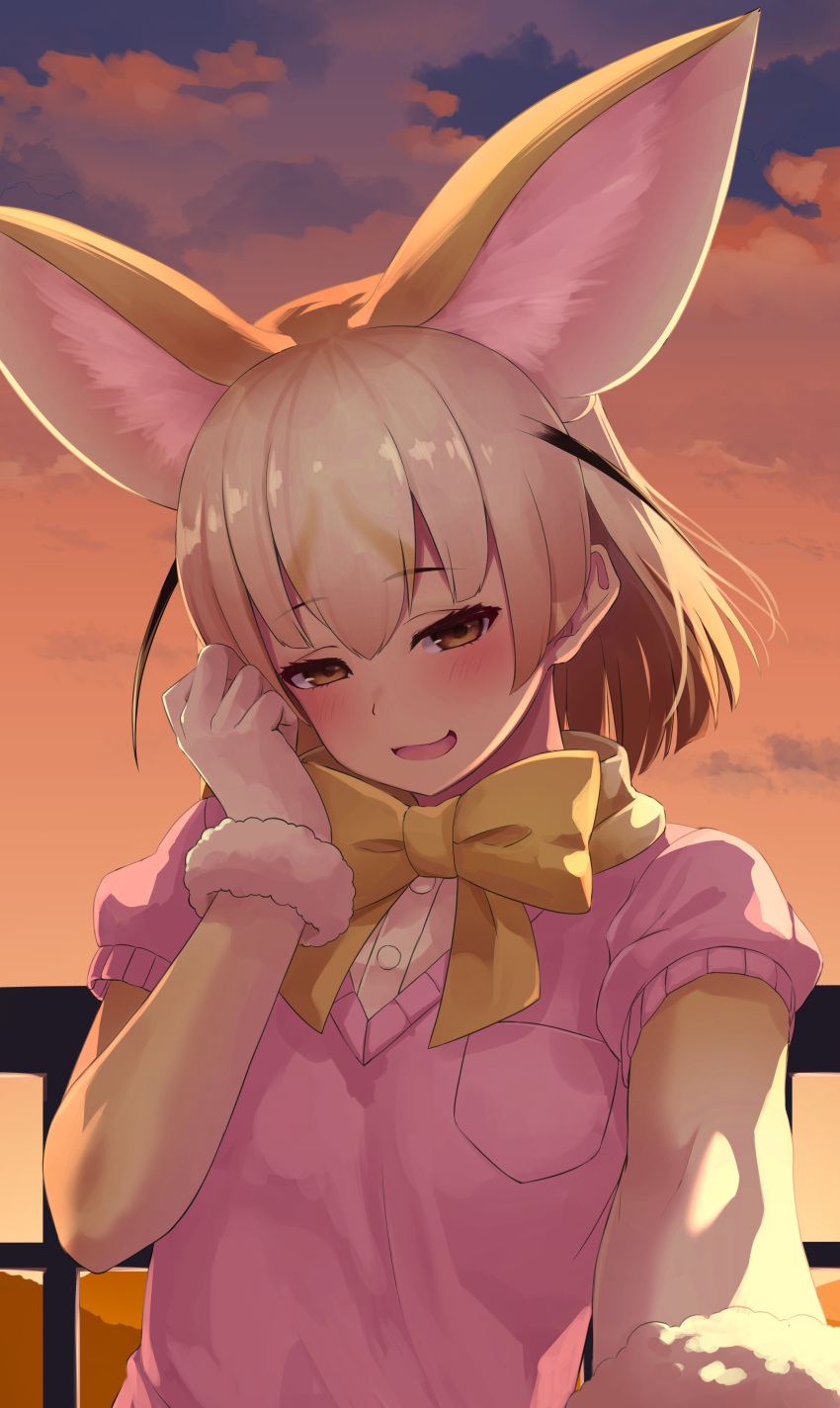 1girl :d absurdres animal_ear_fluff animal_ears bangs blonde_hair blush bow bowtie brown_eyes clouds commentary deku_suke elbow_gloves extra_ears eyebrows_visible_through_hair fennec_(kemono_friends) fox_ears gloves hair_between_eyes highres kemono_friends looking_at_viewer medium_hair open_mouth outdoors railing short_sleeves smile solo sunset upper_body yellow_neckwear