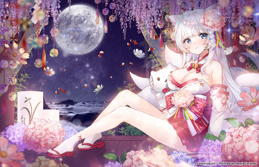 1girl animal_ears apple_caramel bangs bare_legs beach bell blue_hair blunt_bangs bow bowtie breasts cherry_blossoms commentary_request detached_collar detached_sleeves eyebrows_visible_through_hair fox_ears fox_girl fox_tail full_moon gohei hair_ornament highres horizon japanese_clothes kyuubi large_breasts long_hair looking_at_viewer moon multiple_tails night night_sky ocean original pleated_skirt ribbon-trimmed_sleeves ribbon_trim sandals sidelocks sitting skirt sky solo star_(sky) starry_sky tail white_hair wide_sleeves wooden_floor