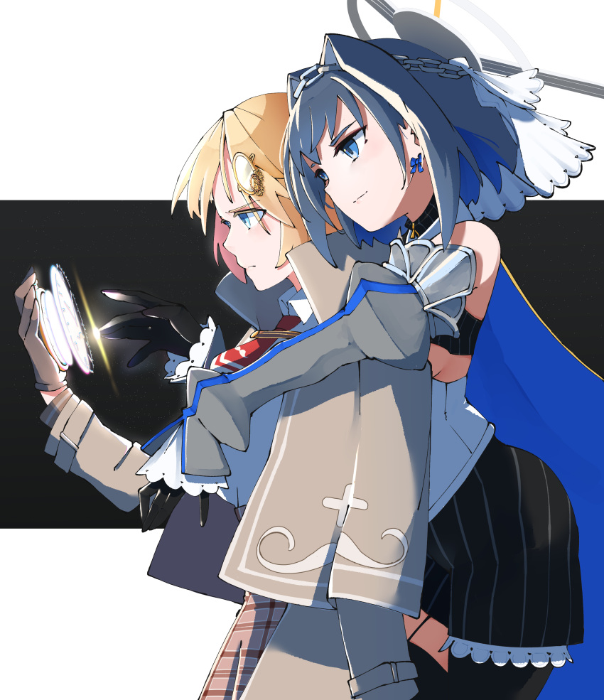 2girls absurdres black_gloves blonde_hair blue_eyes blue_hair bow bow_earrings cape capelet earrings gloves hair_ornament highres hololive hololive_english hug hug_from_behind jewelry monocle_hair_ornament multiple_girls ouro_kronii plaid plaid_skirt pocket_watch skirt striped striped_skirt virtual_youtuber watch watson_amelia zaniaii