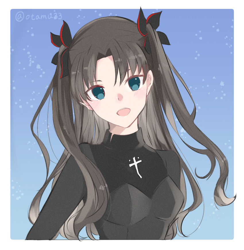 1girl :d bangs black_bow black_shirt blue_background blue_eyes border bow breasts brown_hair fate/extra fate/extra_ccc fate/stay_night fate_(series) hair_between_eyes hair_bow hair_intakes highres long_hair looking_at_viewer open_mouth otamu33 shiny shiny_hair shirt small_breasts smile solo tohsaka_rin upper_body very_long_hair white_border