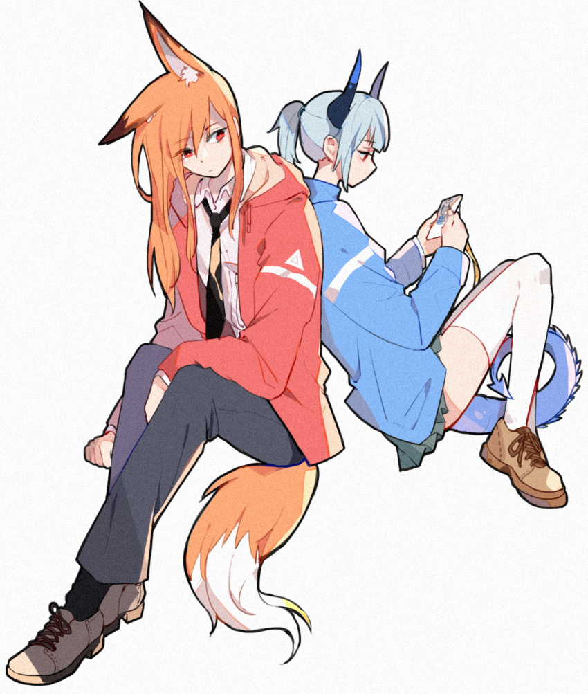 2girls animal_ears arknights black_legwear black_neckwear black_pants blue_hair blue_jacket brown_footwear chinese_commentary closed_mouth collared_shirt commentary_request dragon_horns dragon_tail eyebrows_visible_through_hair fox_ears fox_girl fox_tail franka_(arknights) grey_background highres holding holding_photo horns jacket liskarm_(arknights) long_hair long_sleeves multiple_girls necktie orange_hair pants photo_(object) ponytail profile red_eyes red_jacket school_uniform shirt shoes sitting socks tail thigh-highs white_footwear white_legwear white_shirt xiao_lu
