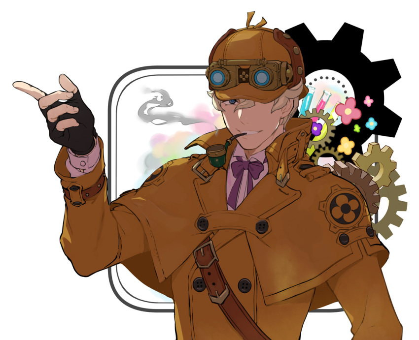 1boy black_gloves blonde_hair blue_eyes brown_capelet brown_headwear brown_jacket capelet dai_gyakuten_saiban fingerless_gloves gears gloves goggles goggles_on_headwear gyakuten_saiban hand_up hat jacket long_sleeves looking_at_viewer male_focus mikami mouth_hold neck_ribbon pipe_in_mouth purple_ribbon ribbon sherlock_holmes_(gyakuten_saiban) short_hair simple_background smile smoking solo upper_body vial white_background
