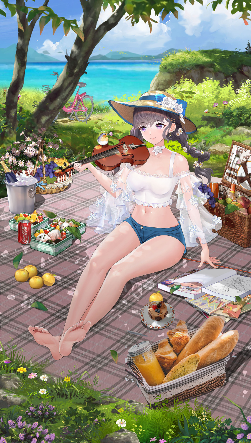 1girl absurdres arm_support bare_legs bare_shoulders barefoot bicycle bird blanket braid brown_hair collarbone detached_sleeves flower grass ground_vehicle hat highres instrument long_hair maki_(user_fyjx4337) navel original outdoors picnic picnic_basket see-through shadow shorts sitting soles solo toes twin_braids violet_eyes violin water